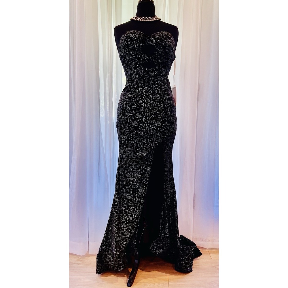 Black Sequin Mermaid Prom Corset Strapless Ruffles Formal Evening Gown Sz S Slit